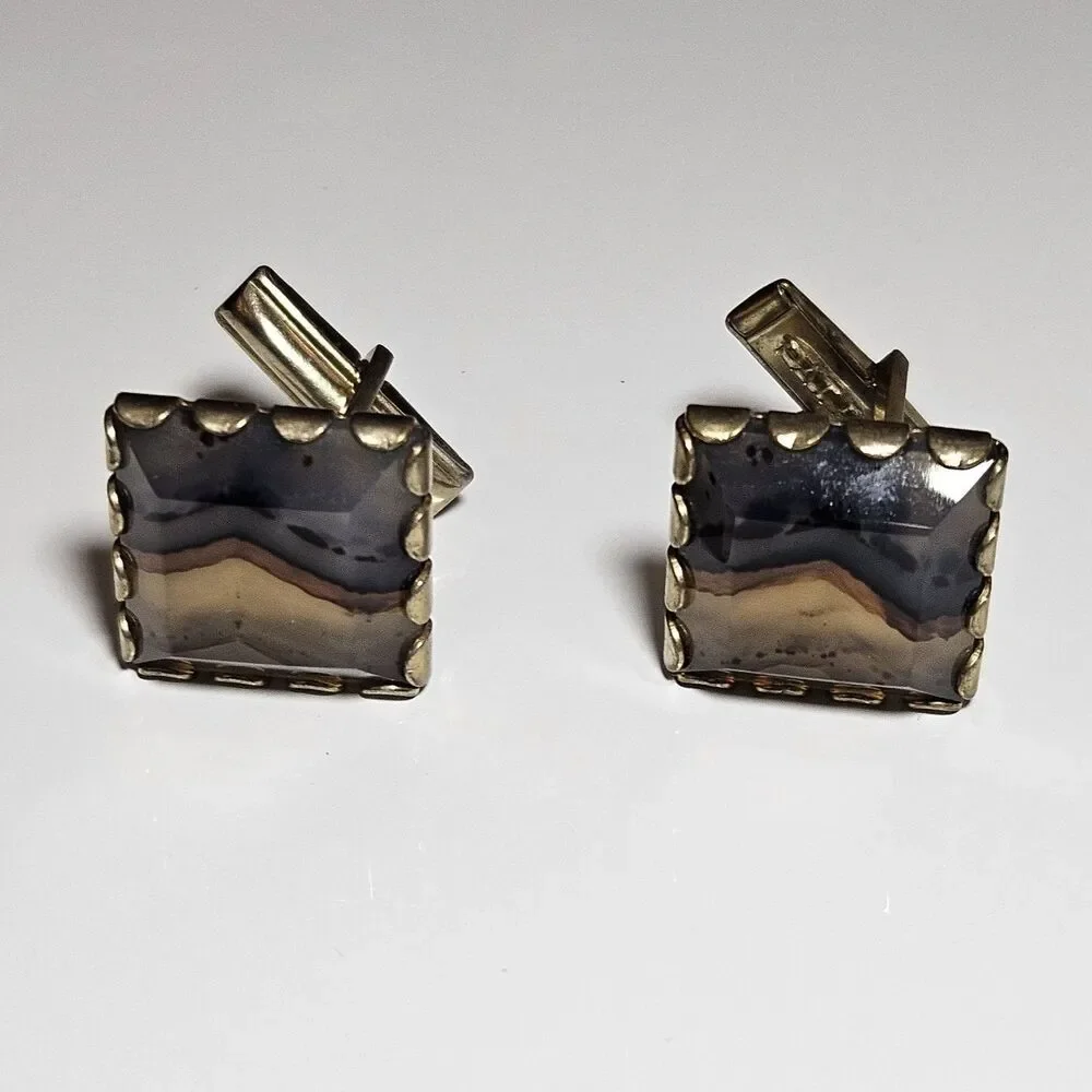 Vintage Badlands Banded Agate Gold tone Square Cufflinks